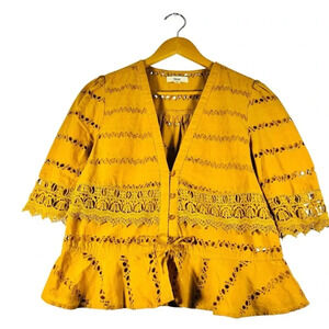 Rahi Yellow Paradise Cotton Eyelet Top Button-up Blouse with Tie Belt Size Small